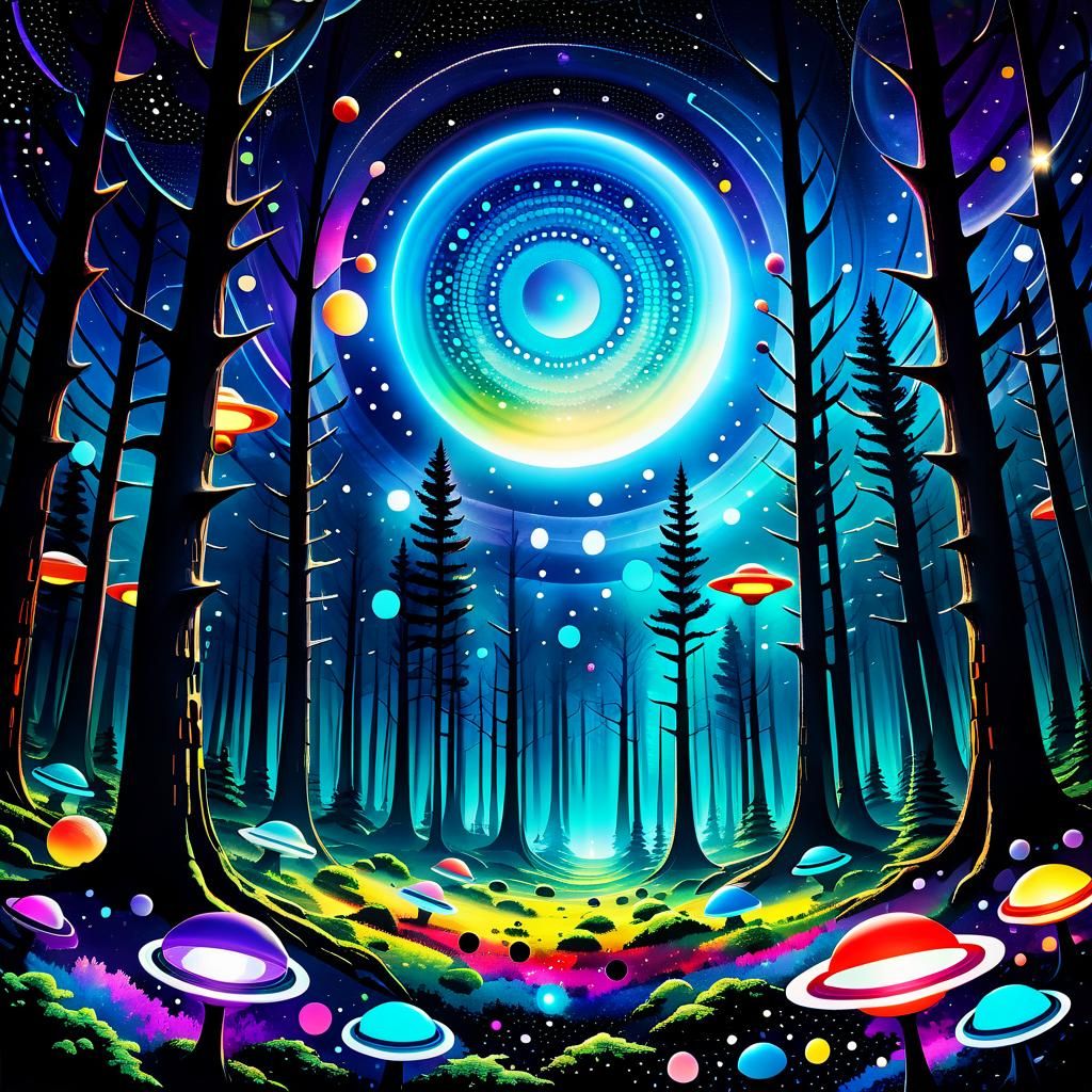 Abstract Cosmic Forest with UFO