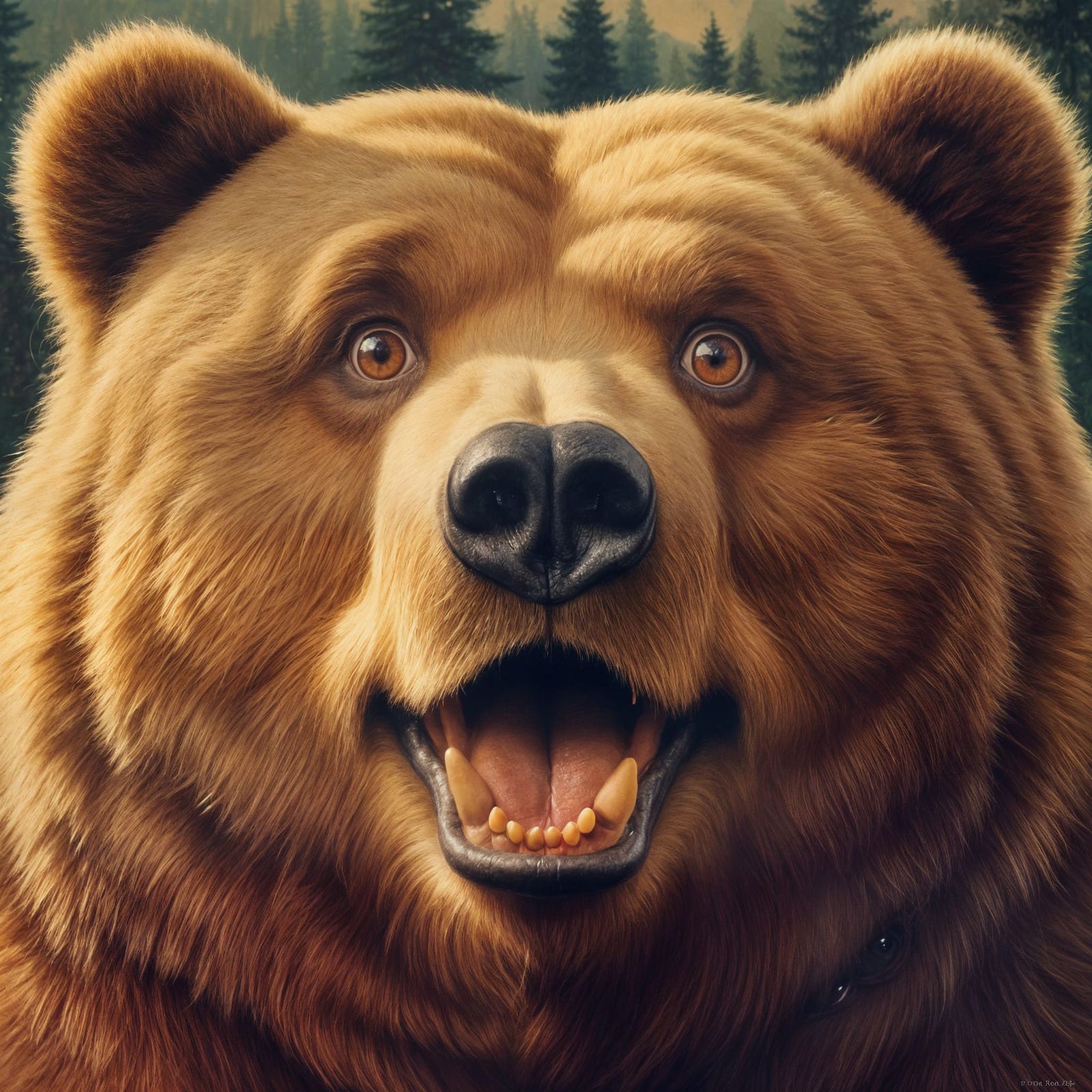 Obese Kodiak Bear Poses Excitingly in Vintage Norman Rockwel...