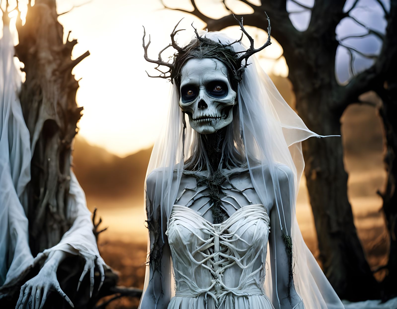 Ethereal Skeleton Bride Amidst Mortal Decay