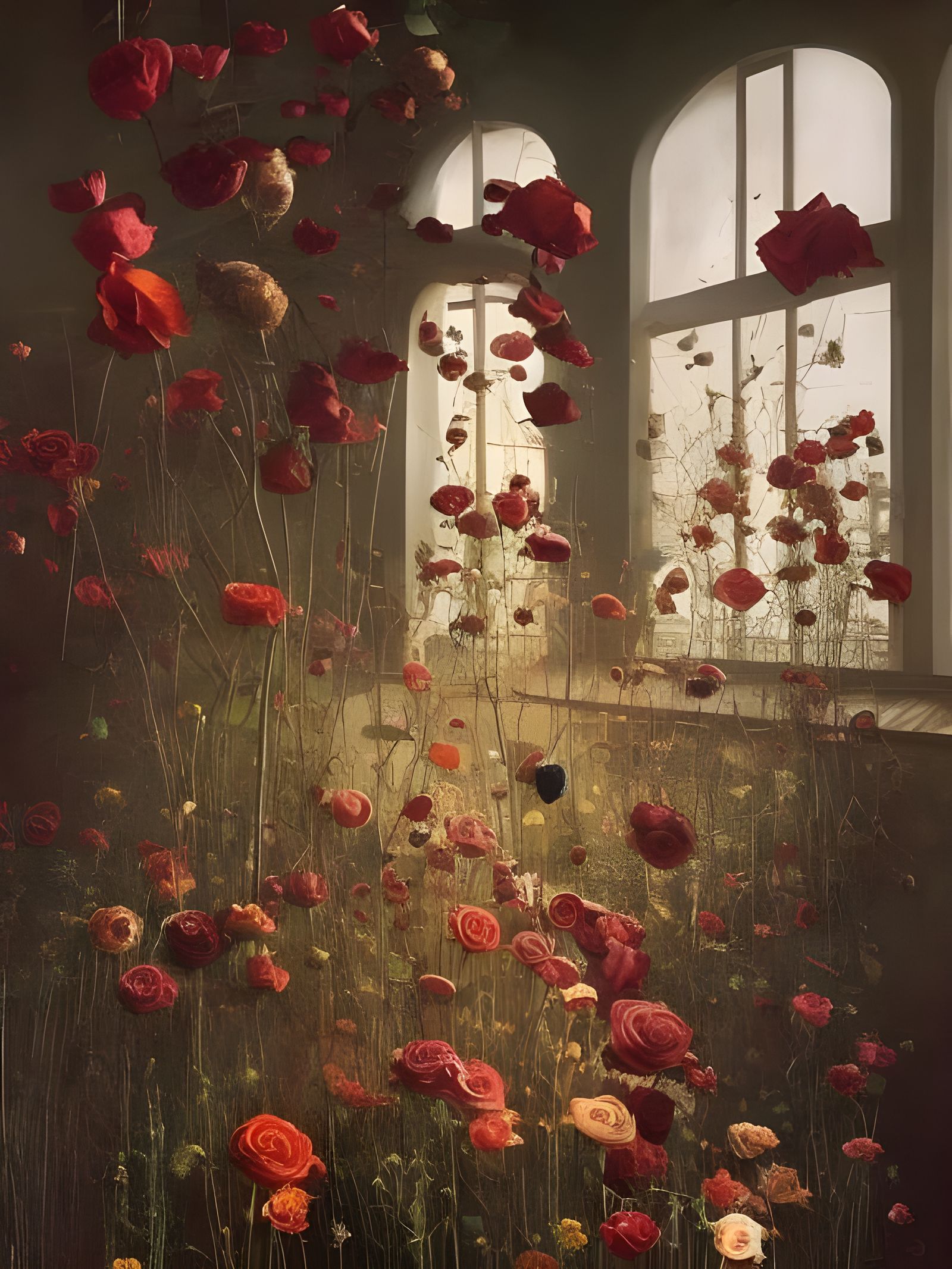 Surreal Floating Roses in Hyperreal Painting