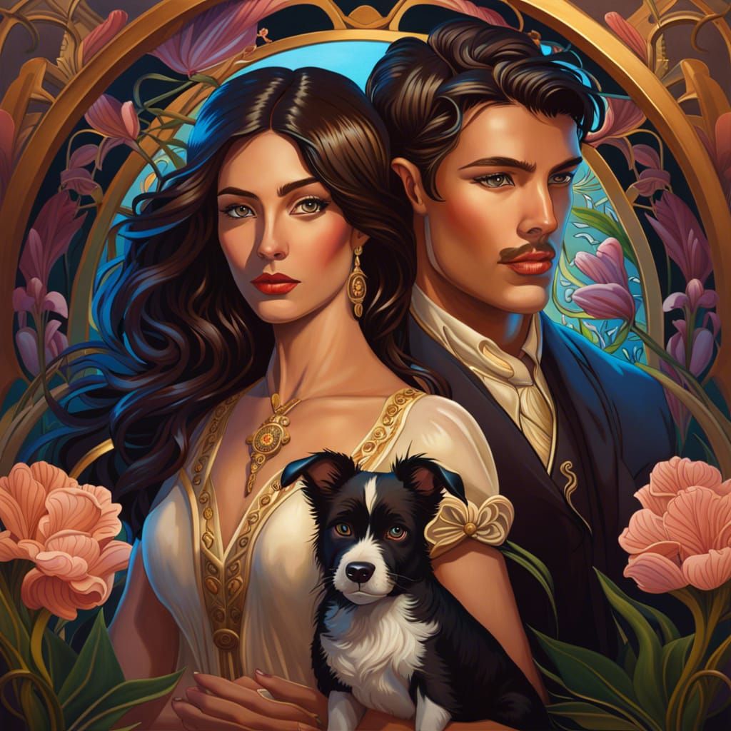 Art Nouveau Couple in Love with Puppy