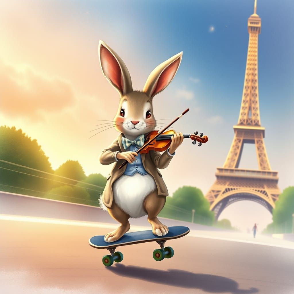 Rabbit Violinist on Skateboard Passes Eiffel Tower