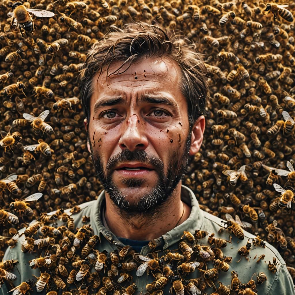 Man's Agonizing Honey Quest Amidst Swarm of Bees