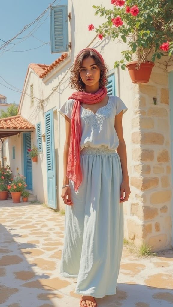 Goddess of Summer in Vibrant Greek Village