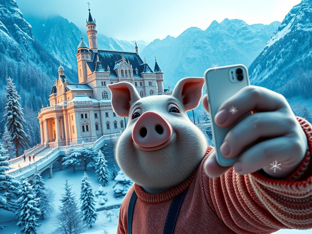 Pig-Man Selfie at Snowy Neuschwanstein Castle