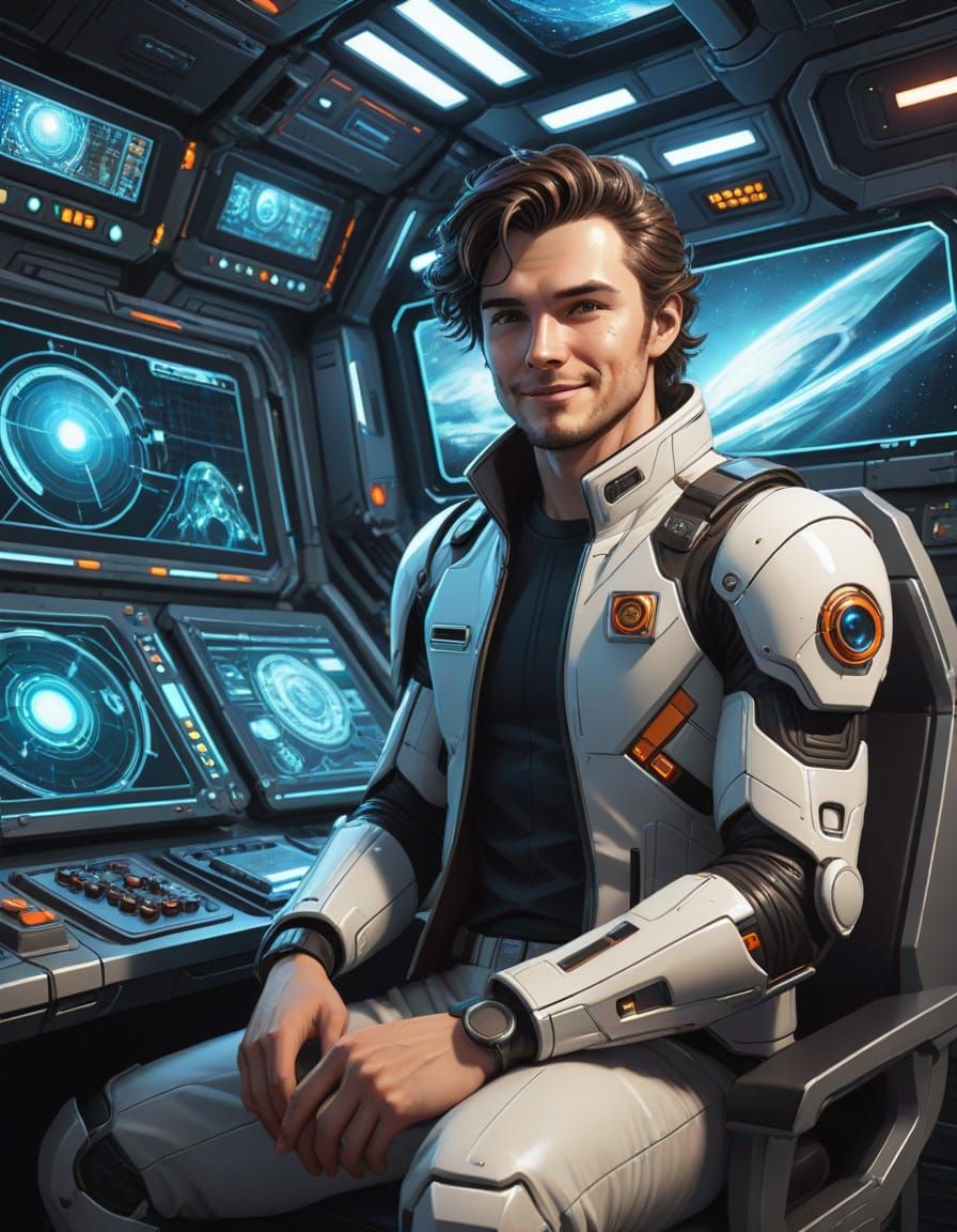 Intergalactic Trader in Sci-Fi Control Room