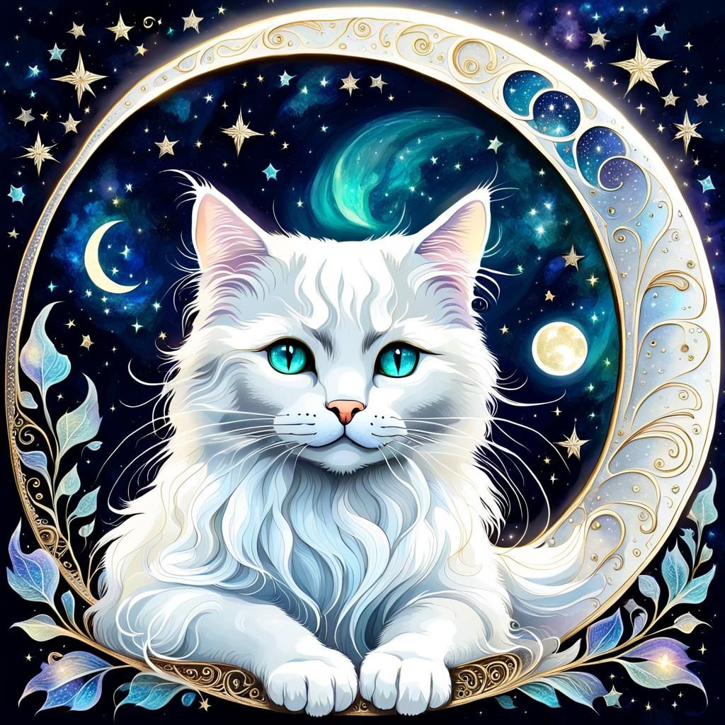 Whimsical Moonlit Cat in Dreamy Illustration
