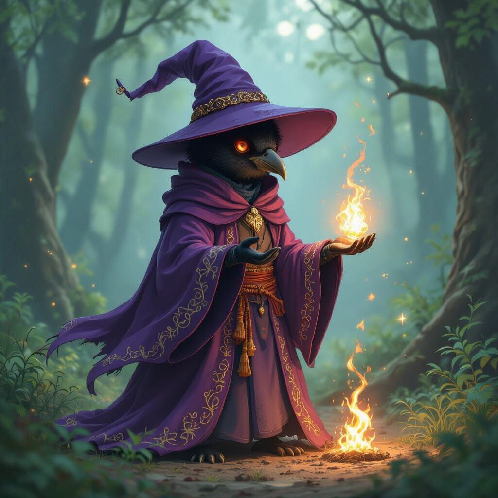 Kenku Wizard Conjuring Flame in Starlit Forest