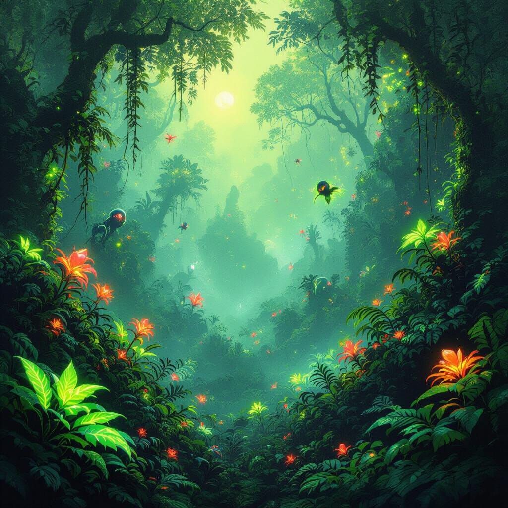Bioluminescent Alien Jungle with Glowing Flora and Fauna