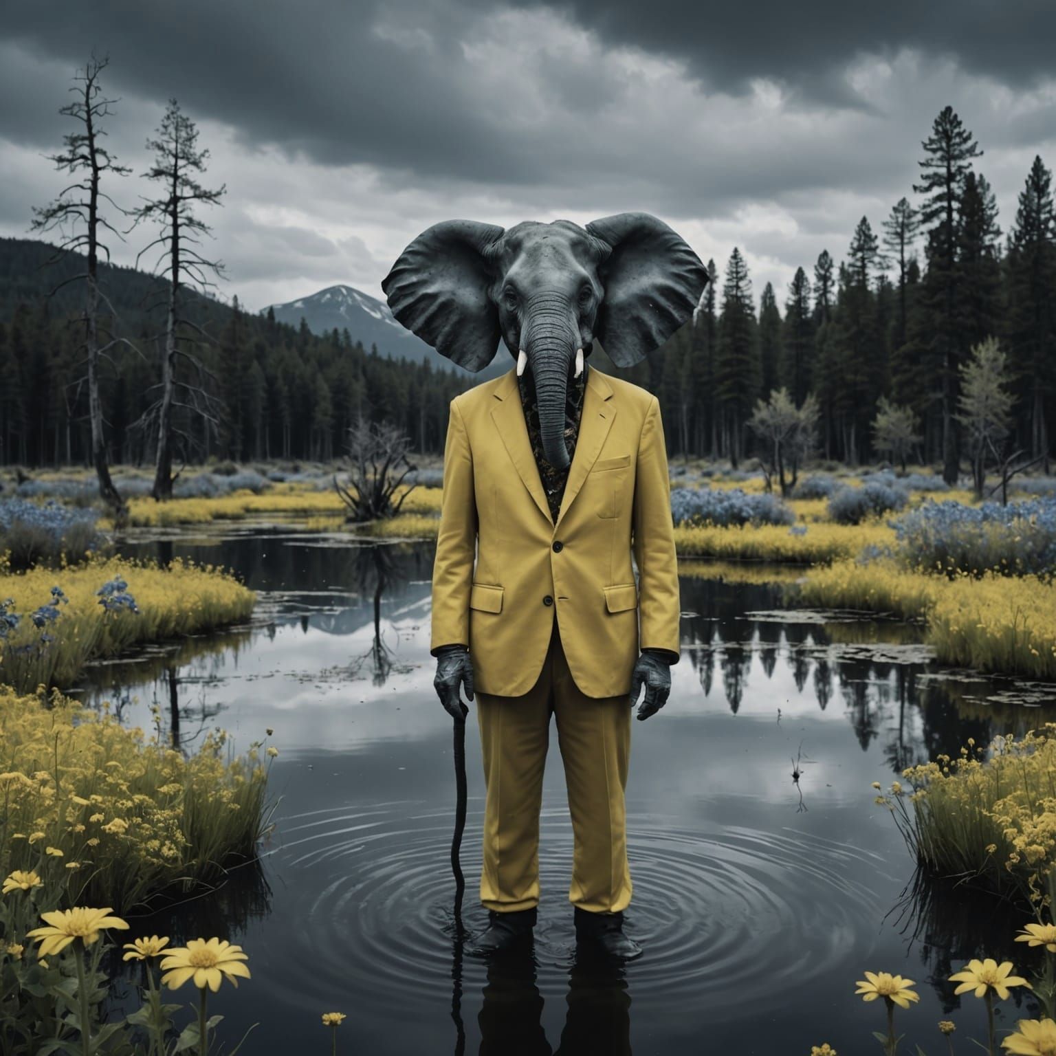 Surreal Elephant-Headed Man in Dreamlike Landscape