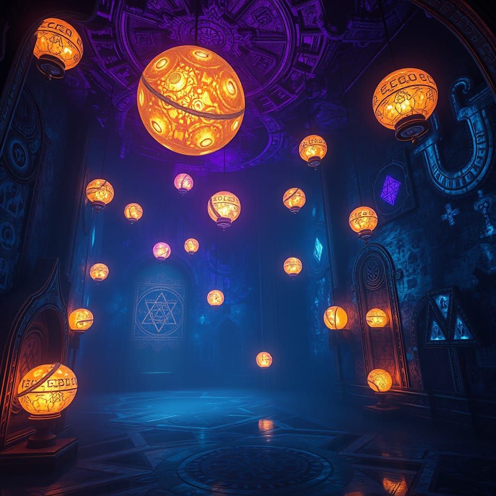 Surreal Chamber Filled with Glowing Orbs in Vibrant Colors