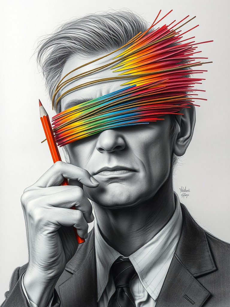 Surreal Gray Man Obscuring Face with Rainbow Scribbles
