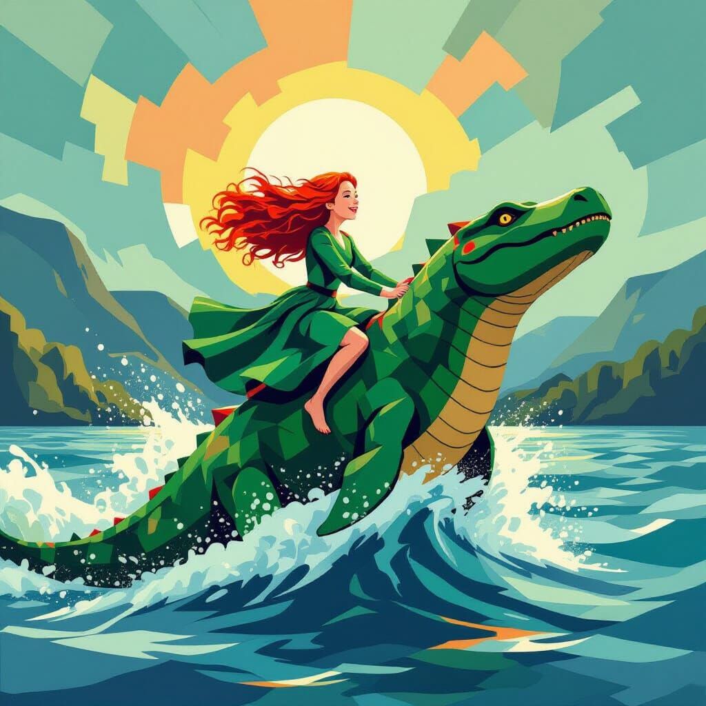 Girl Rides Nessie in Abstract Cubist Style