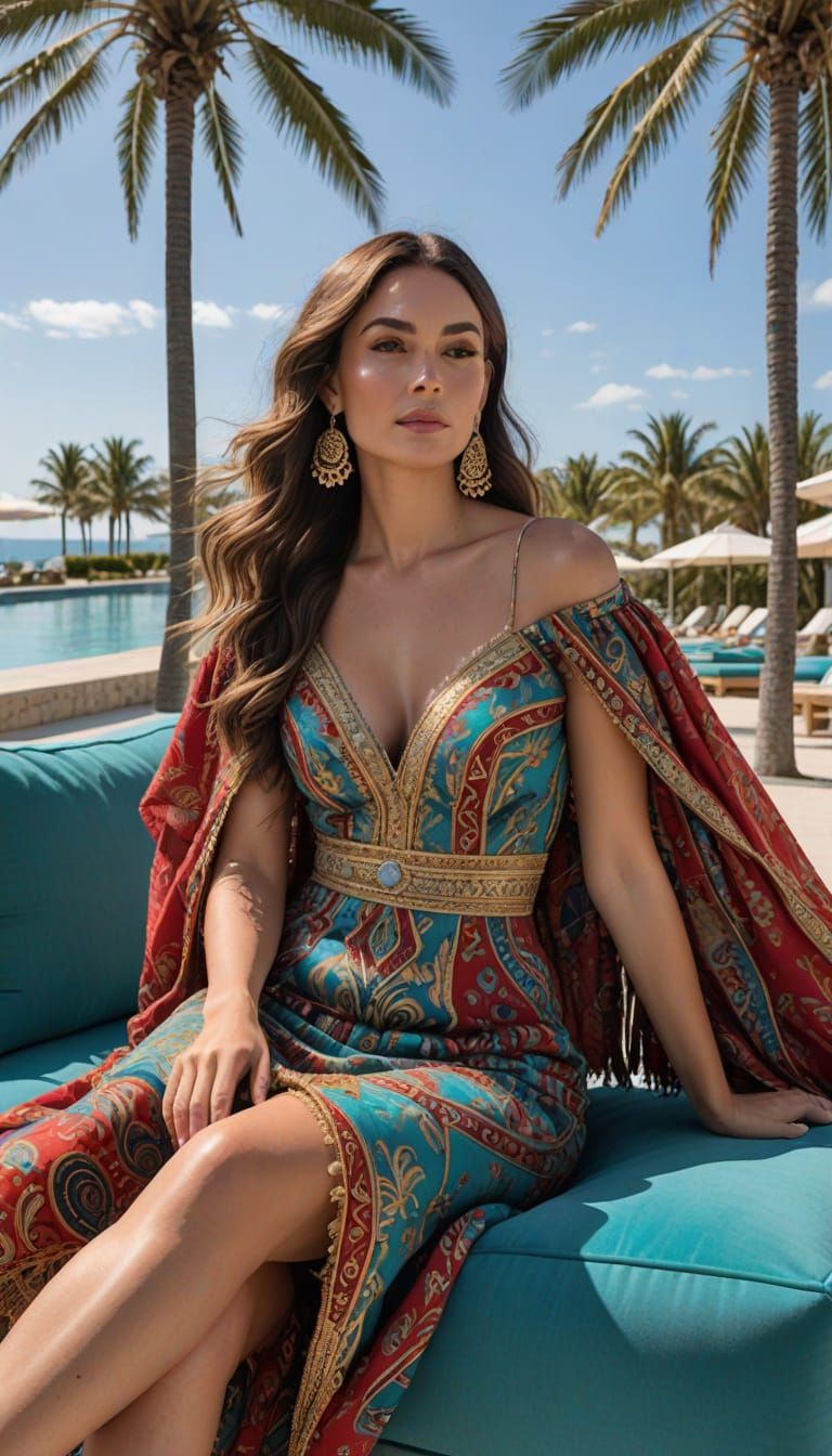 Elegant Woman on Outdoor Lounge in Photorealistic Style