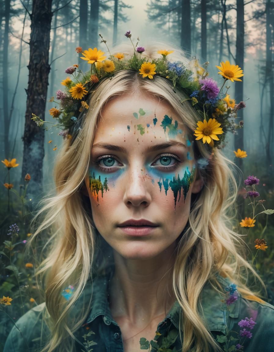 Double Exposure: Woman, Wildflowers, Bioluminescence and Fog