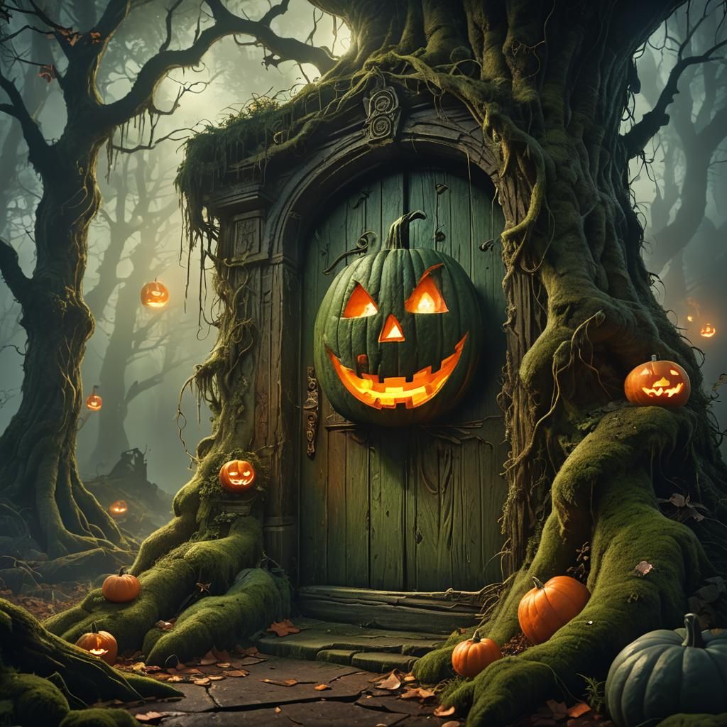 Glowing Jack-O'-Lantern Door in Mystical Forest
