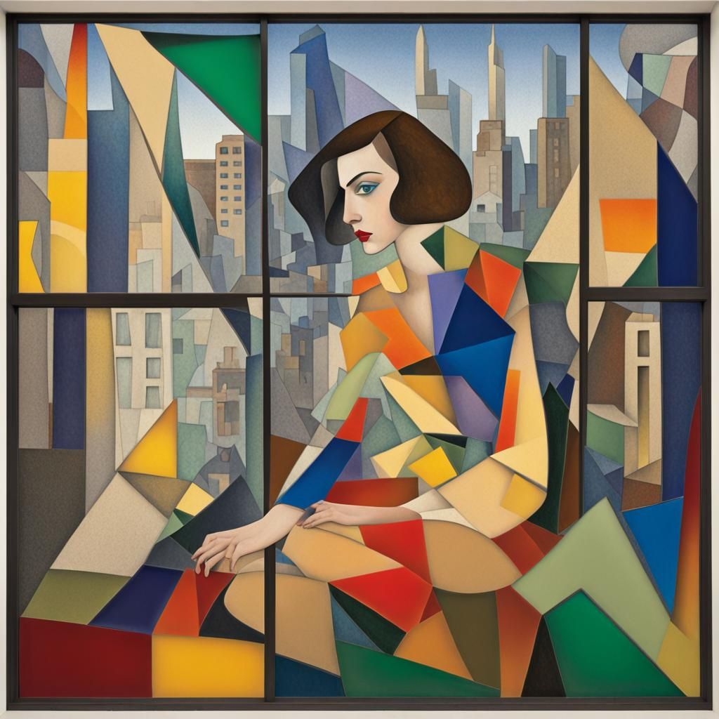 Cubist Woman in Abstracted Cityscape