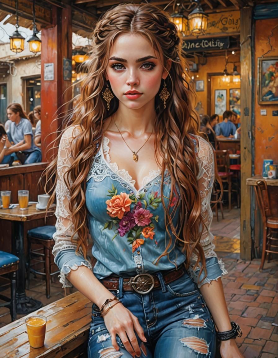 Attractive Woman in Cafe, Photorealistic Digital Art