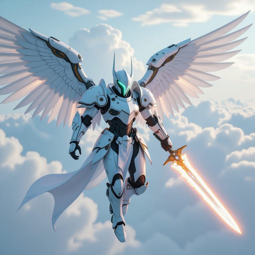 Futuristic Robot Knight Ascending with Energy Sword
