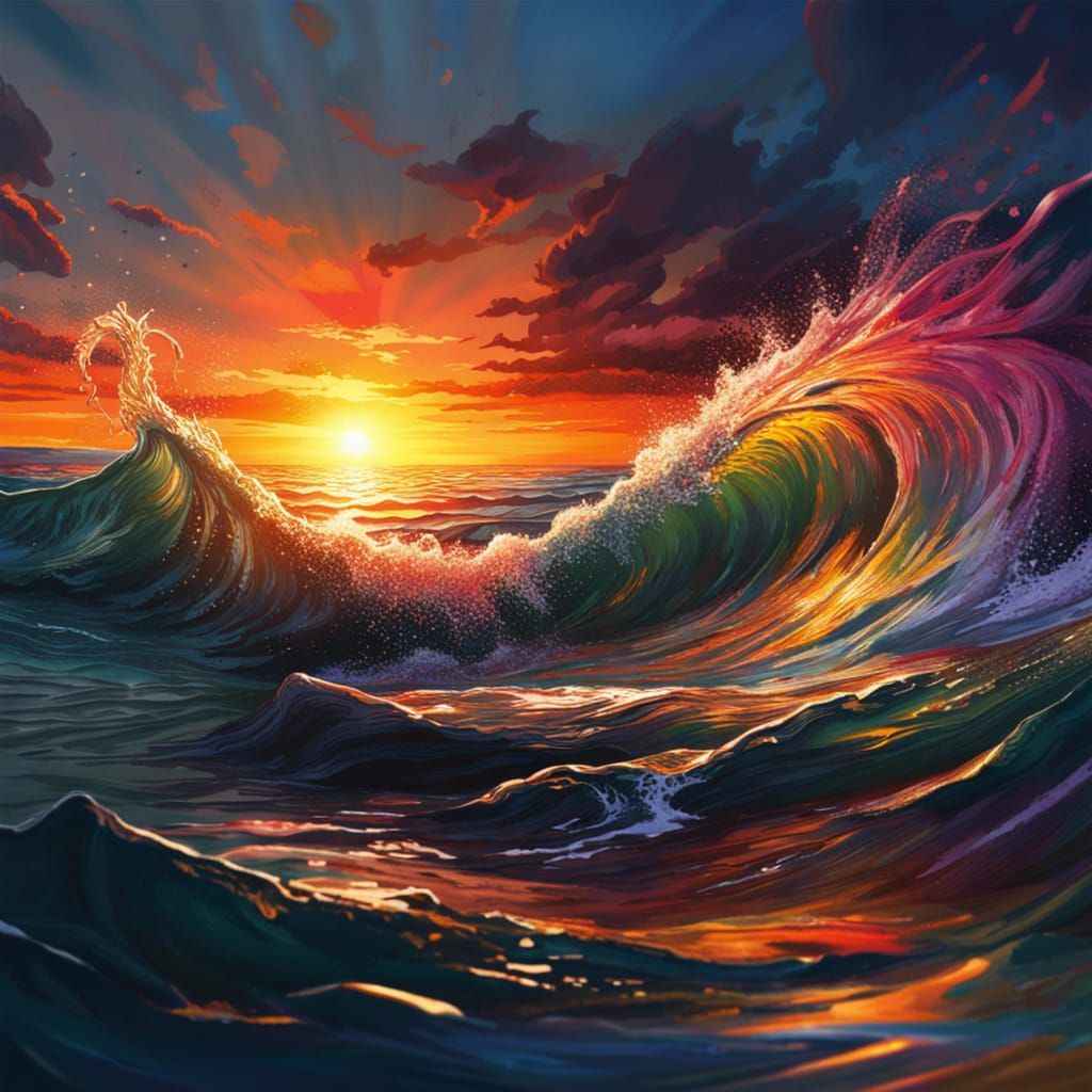 Hyperrealistic Sunset Splash Art Seascape