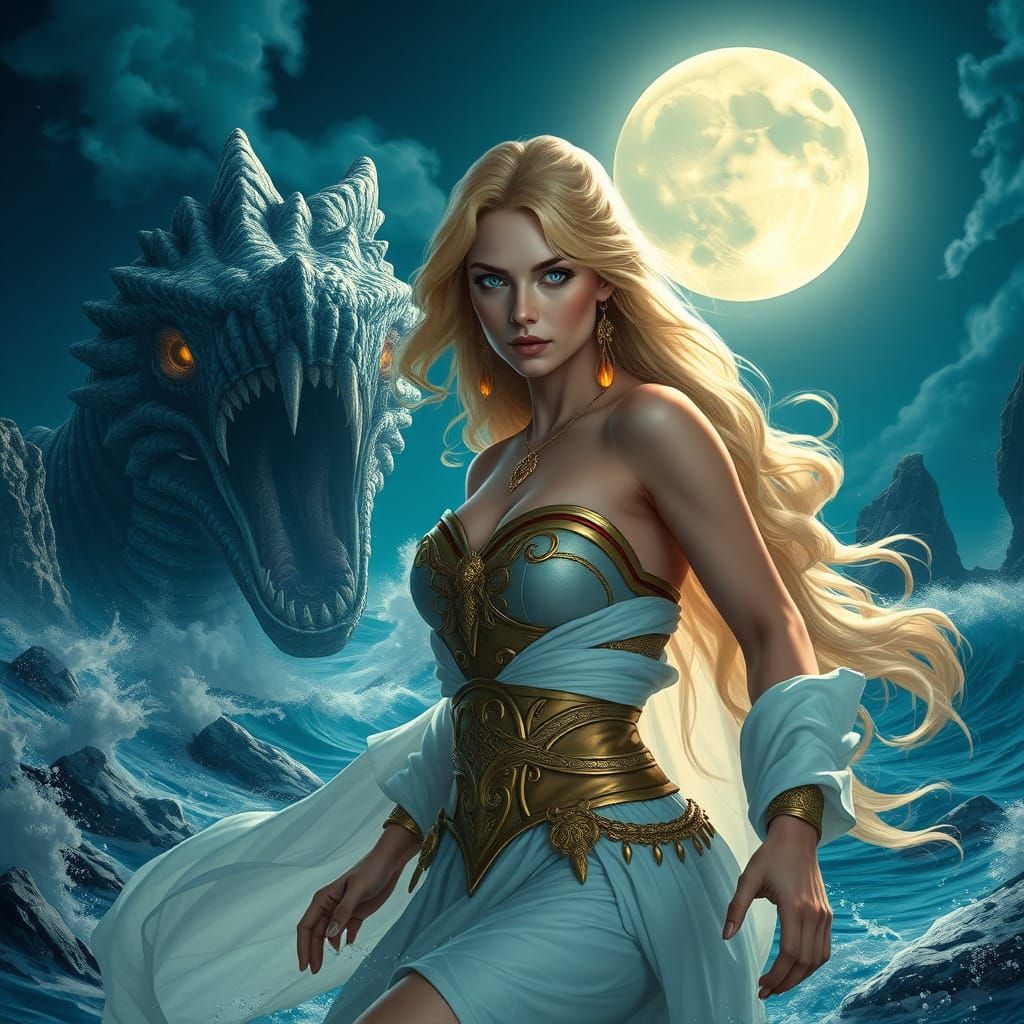 Ethereal Goddess Battles Sea Serpent Under Full Moon