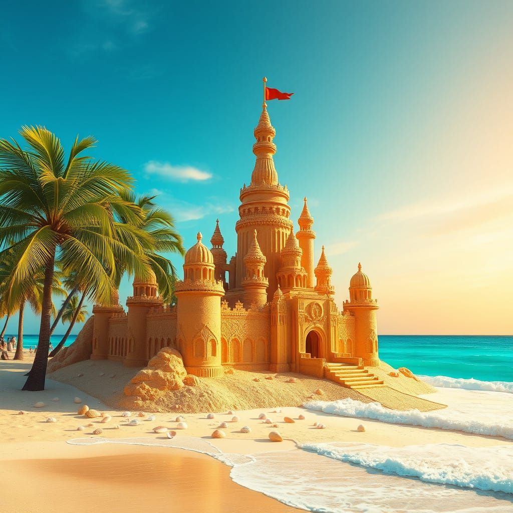 Vibrant Tropical Sand Castle Amidst Palm Trees and Turquoise...