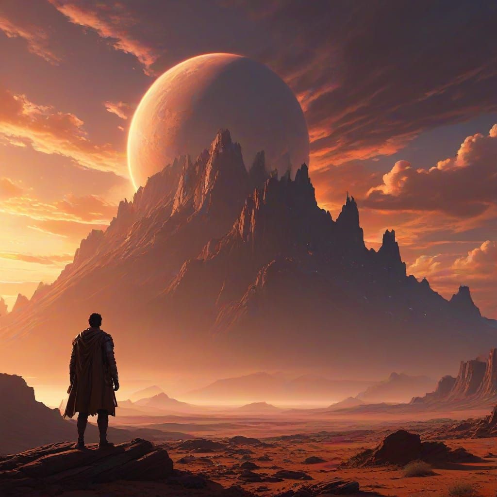Dramatic Concept Art of a Lone Traveler on a Desolate Planet