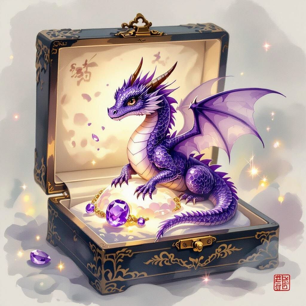 Amethyst Dragon on Jewelry Box, Chinese Silk Painting