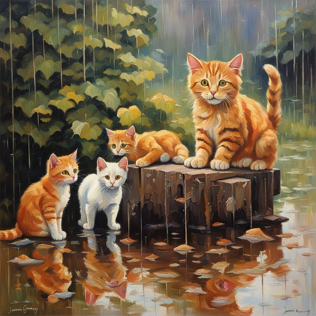 Cats Playing in Rainy Season, Oil Painting