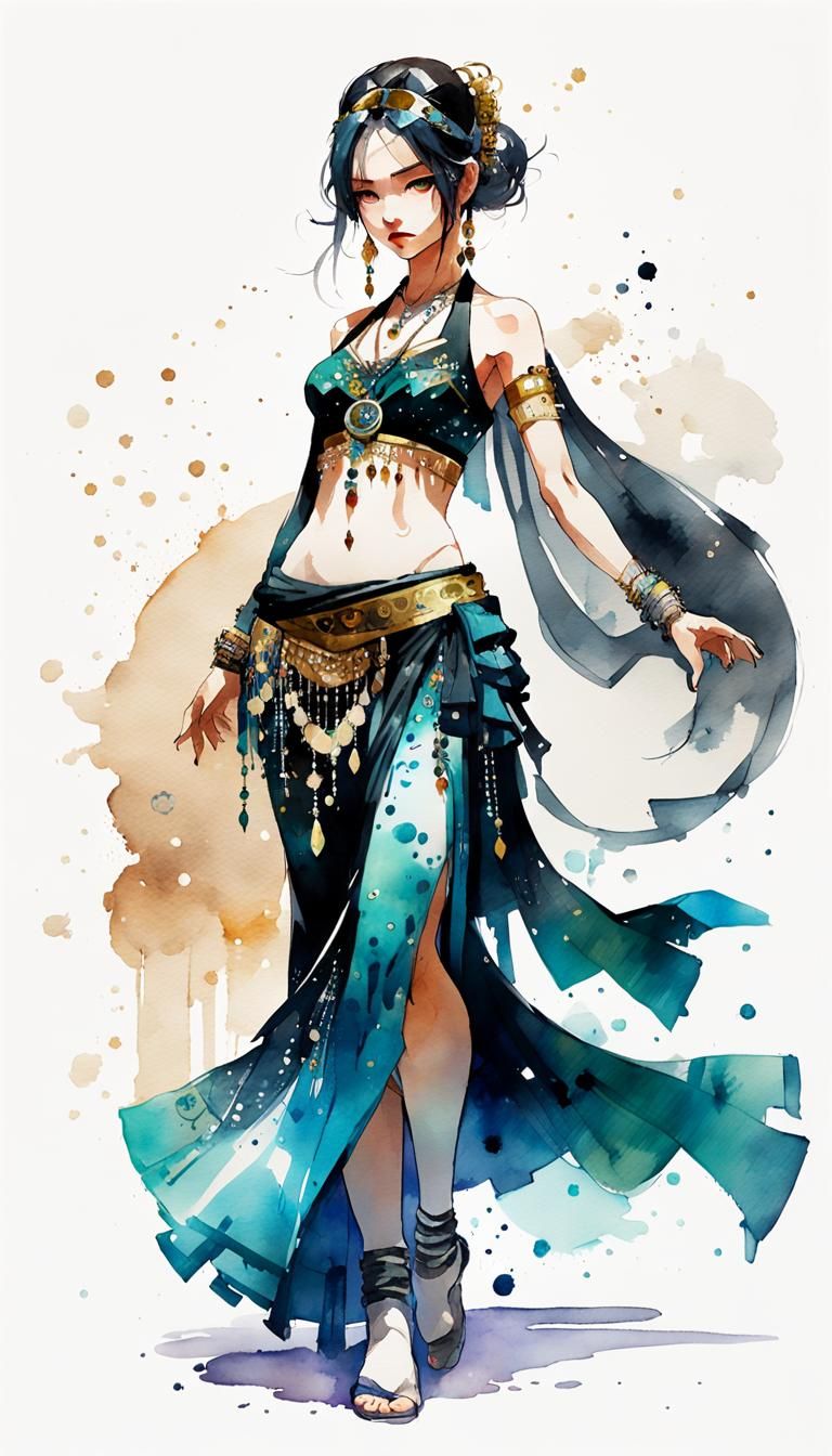 Aetherpunk Belly Dancer in Watercolor Manga Style