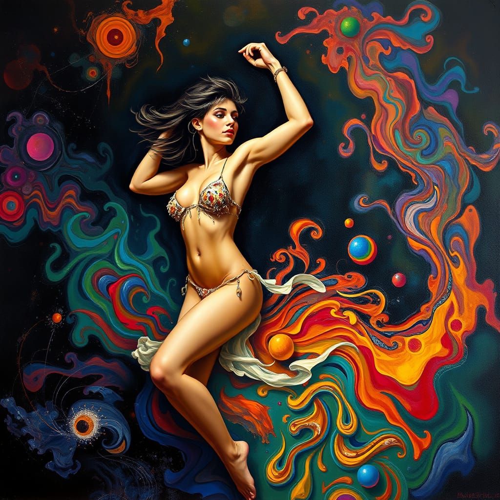 Surreal Dancer in Vibrant Colors, Oil-on-Canvas Texture