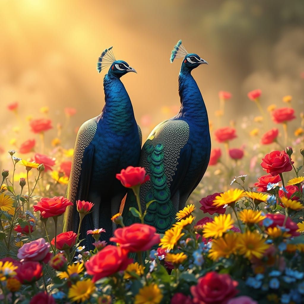 Majestic Peacocks in Vibrant Garden Paradise