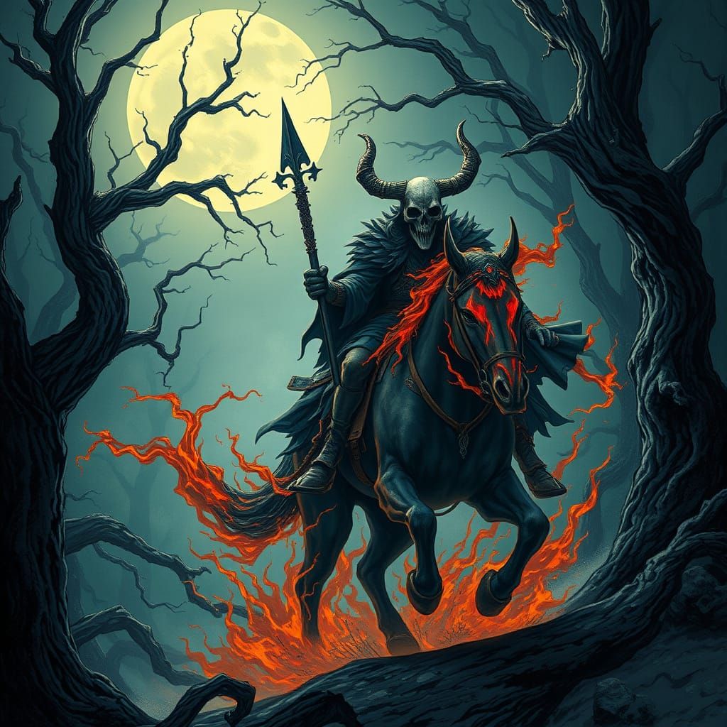 Dark Warrior Rides Fiery Ghostly Steed Through Haunting Moon...