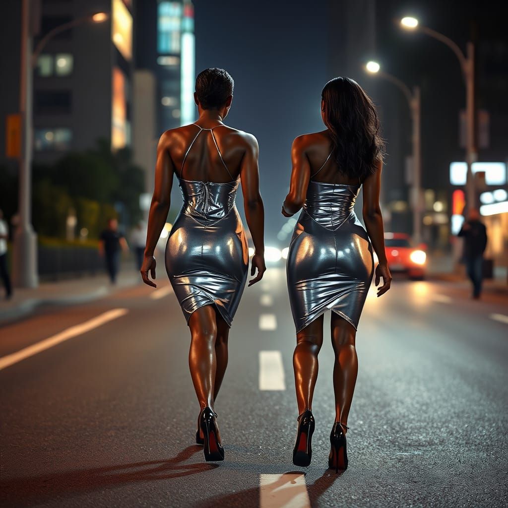 Sultry Nighttime Scene with Two African Goddesses in Metalli...