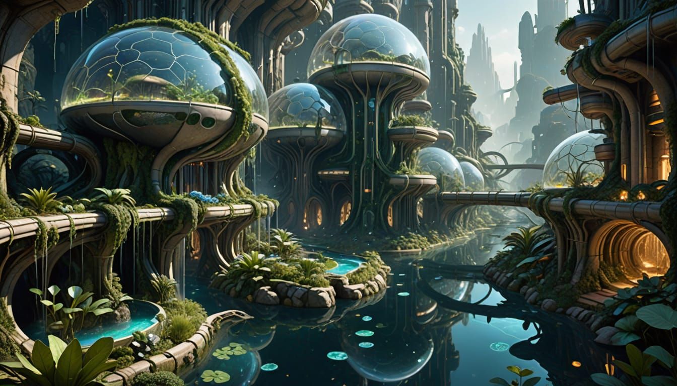 Futuristic Cityscape with Water Plant and Crystal Cisterns