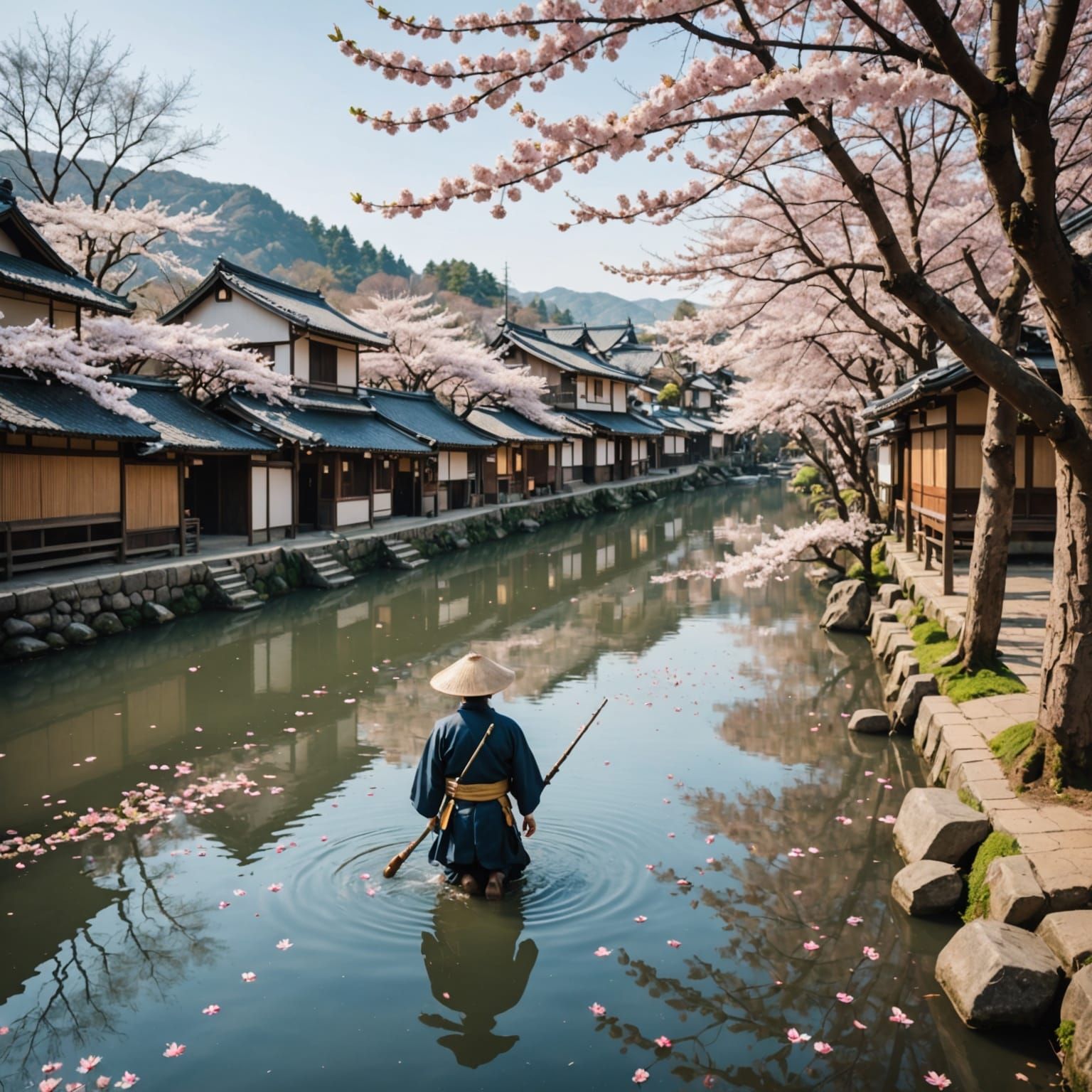 Peaceful Japanese Village with Cherry Blossoms