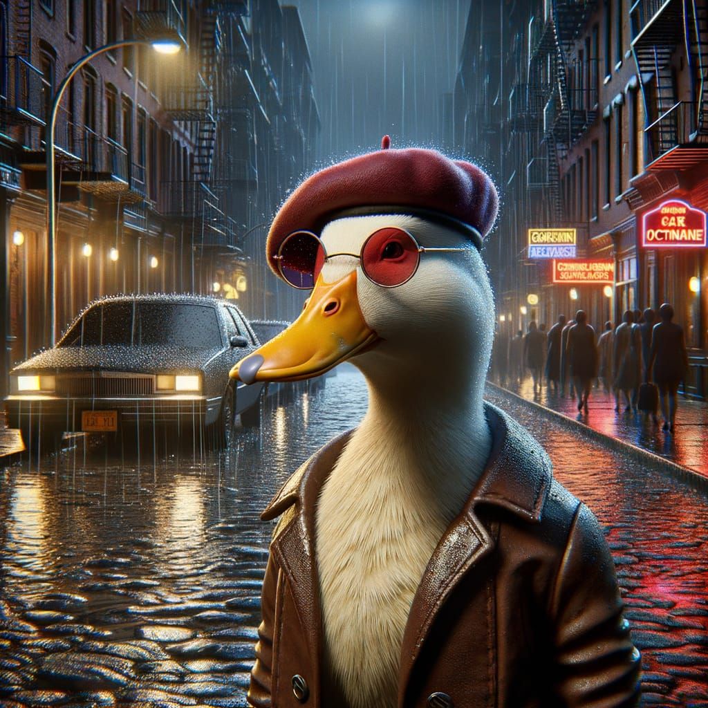 Duck in Beret with Ruby Sunglasses on Rainy Greenwich Street