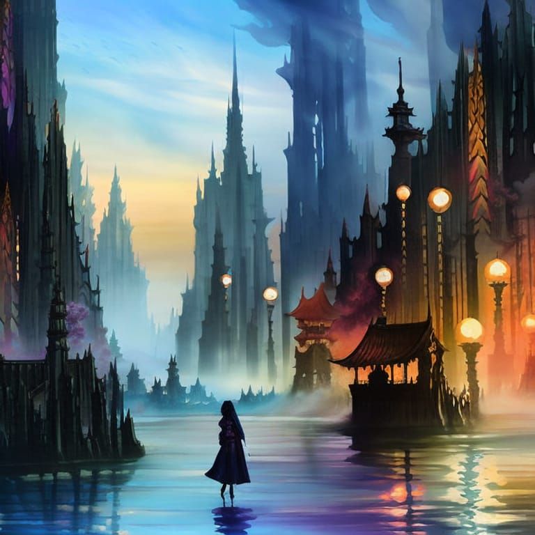 Fantasy Girl with Dragon in Tokyo: Watercolor Painting