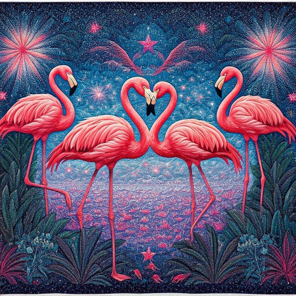 Vibrant 80s Quilted Wonderland with Glittery Stars and Flami...