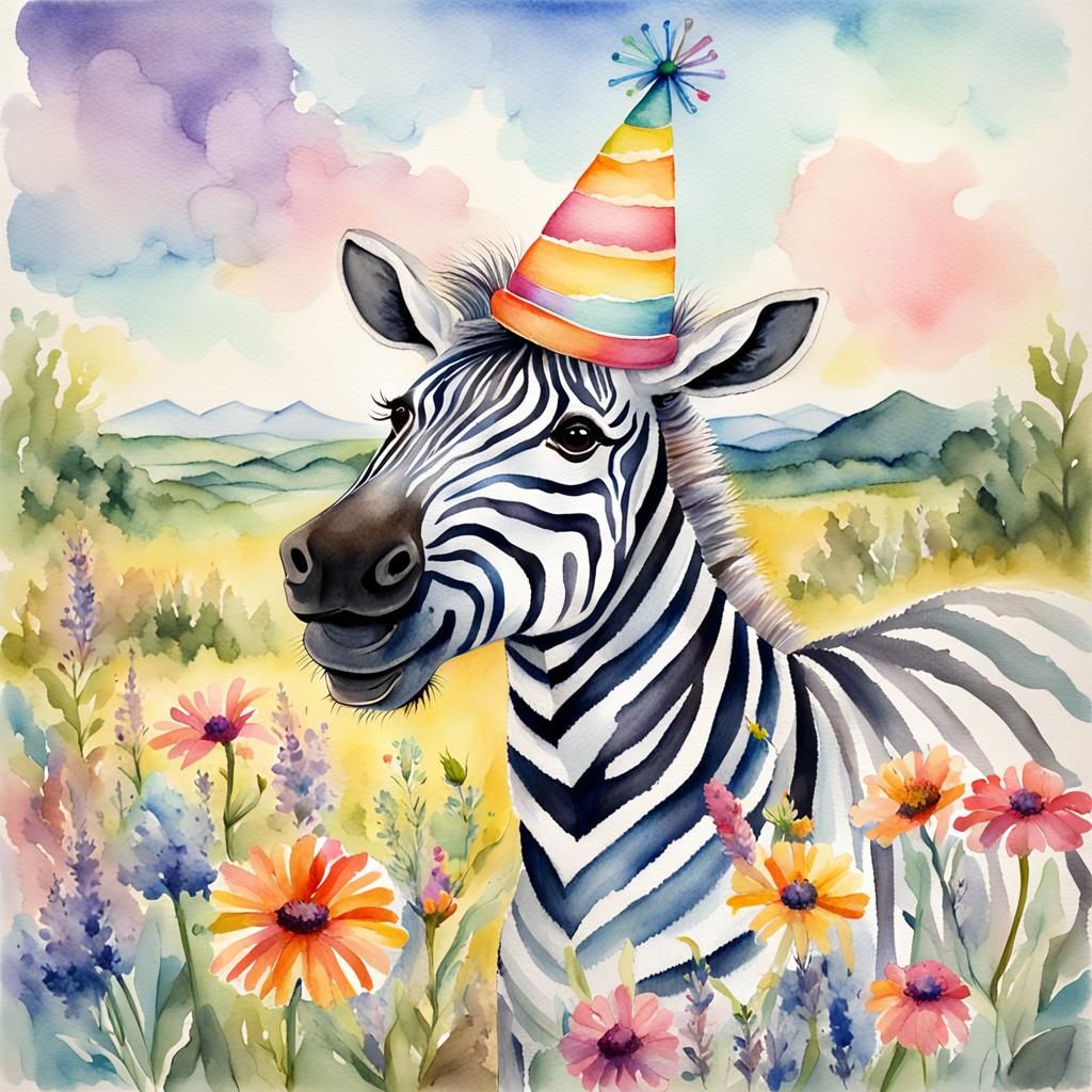 Anthropomorphic Zebra Celebrates Birthday in Watercolor