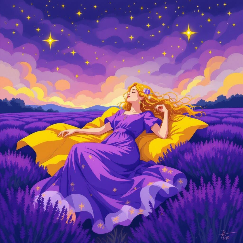 Dreamy Woman in Lavender Field Under Surreal Sky
