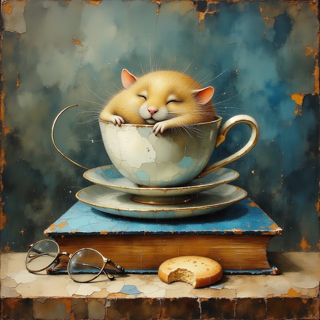 Whimsical Mouse Sleeps in Teacup Stack on Blue Book