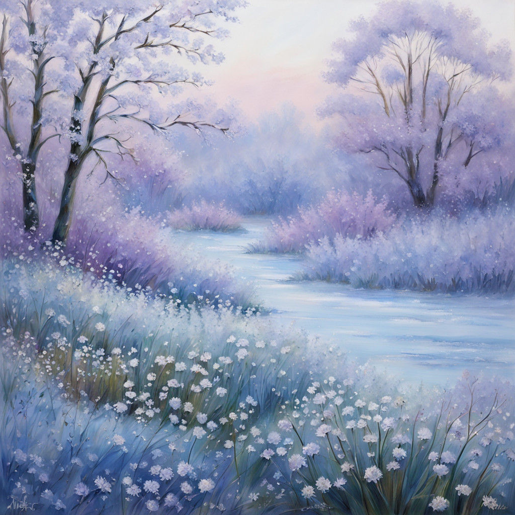 Impressionist Winter Wonderland with Delicate Frost-Covered...