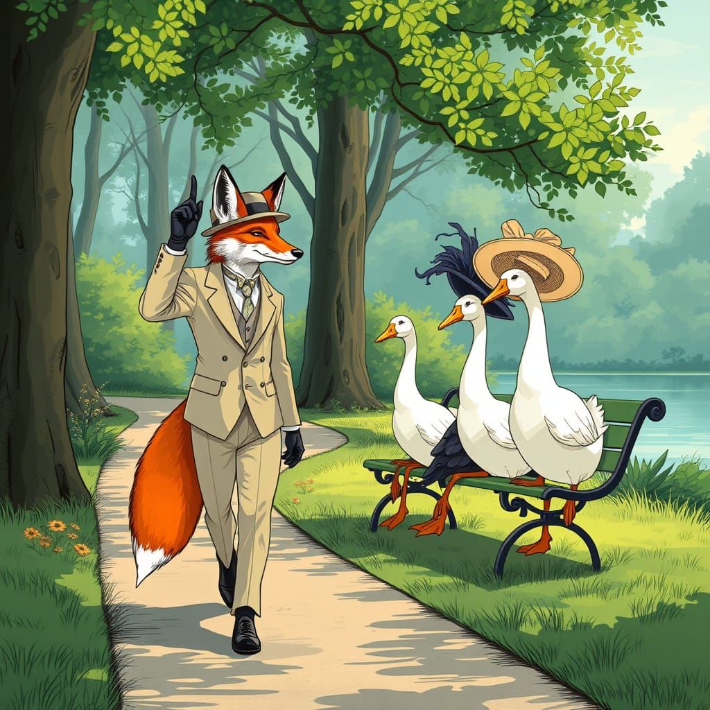 Debonair Fox Tipping Hat, Art Nouveau Style