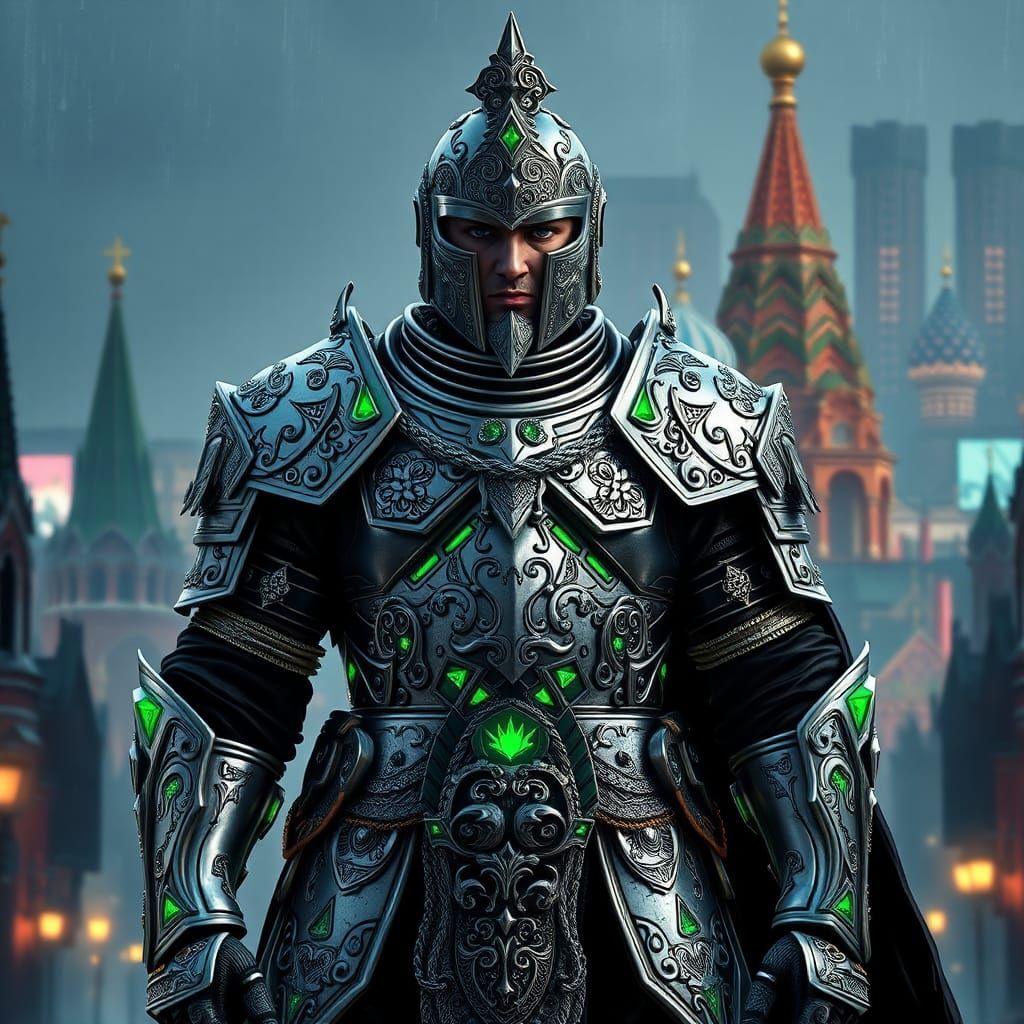 A russian warrior represented in an Ethno-Futuristic Fusion,...