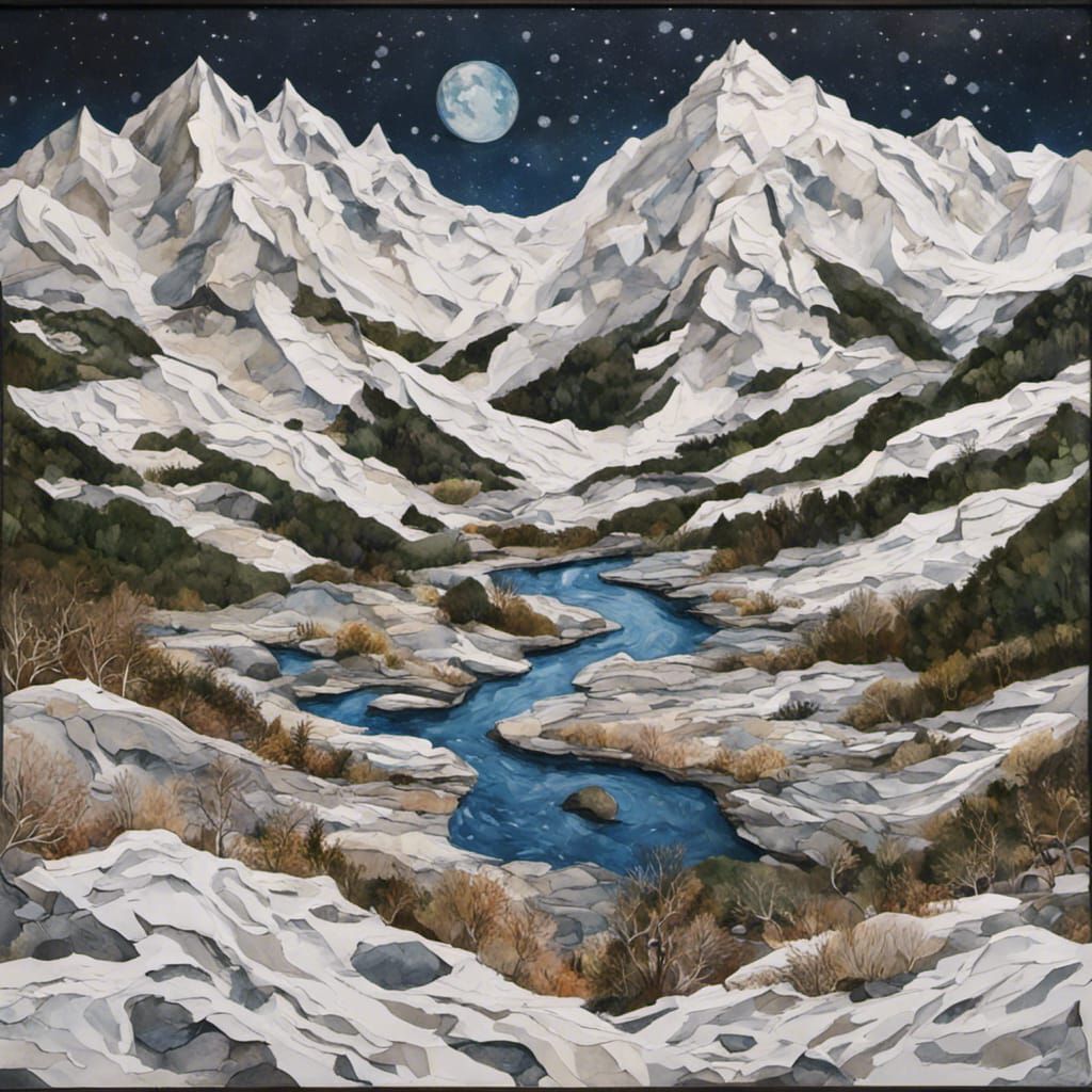 Winter Mountain Valley Landscape in 3D Paper Collage