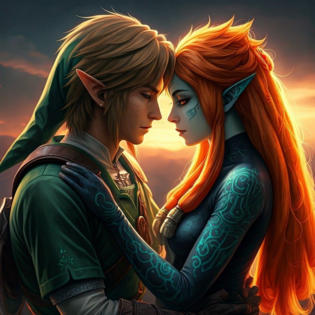Link and Midna Embrace in Hyrule Twilight, Photorealistic