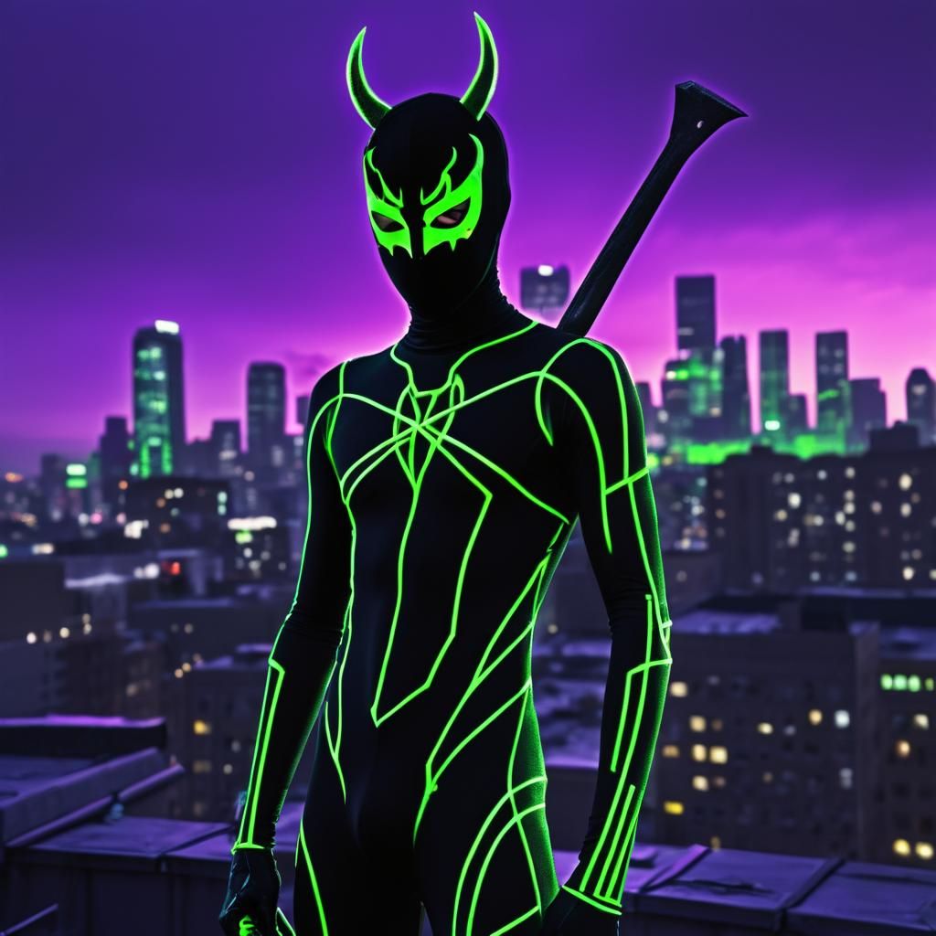 Neon Green Masked Hero Overlooking Cyberpunk City