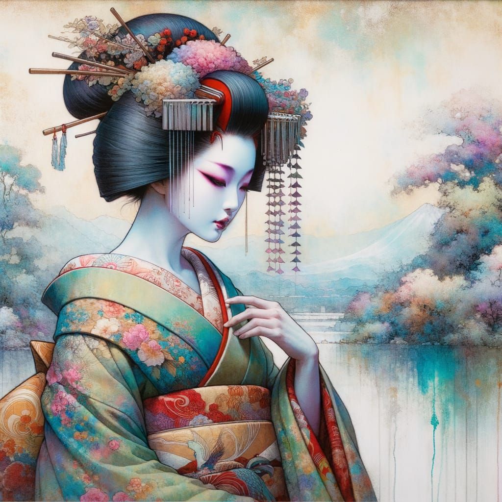Elegant Geisha Portrait in Watercolor