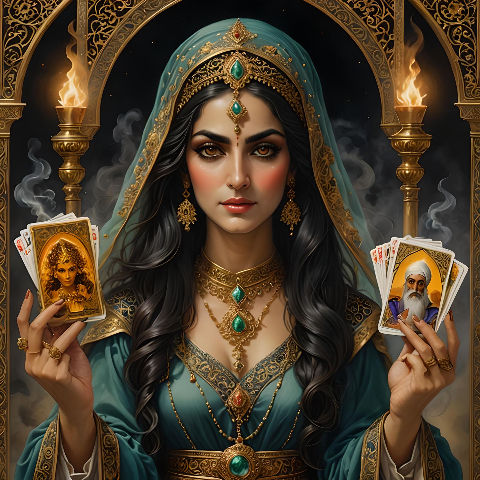 Fantasy Tarot Cards in the hands of the Great Persian sorcer...